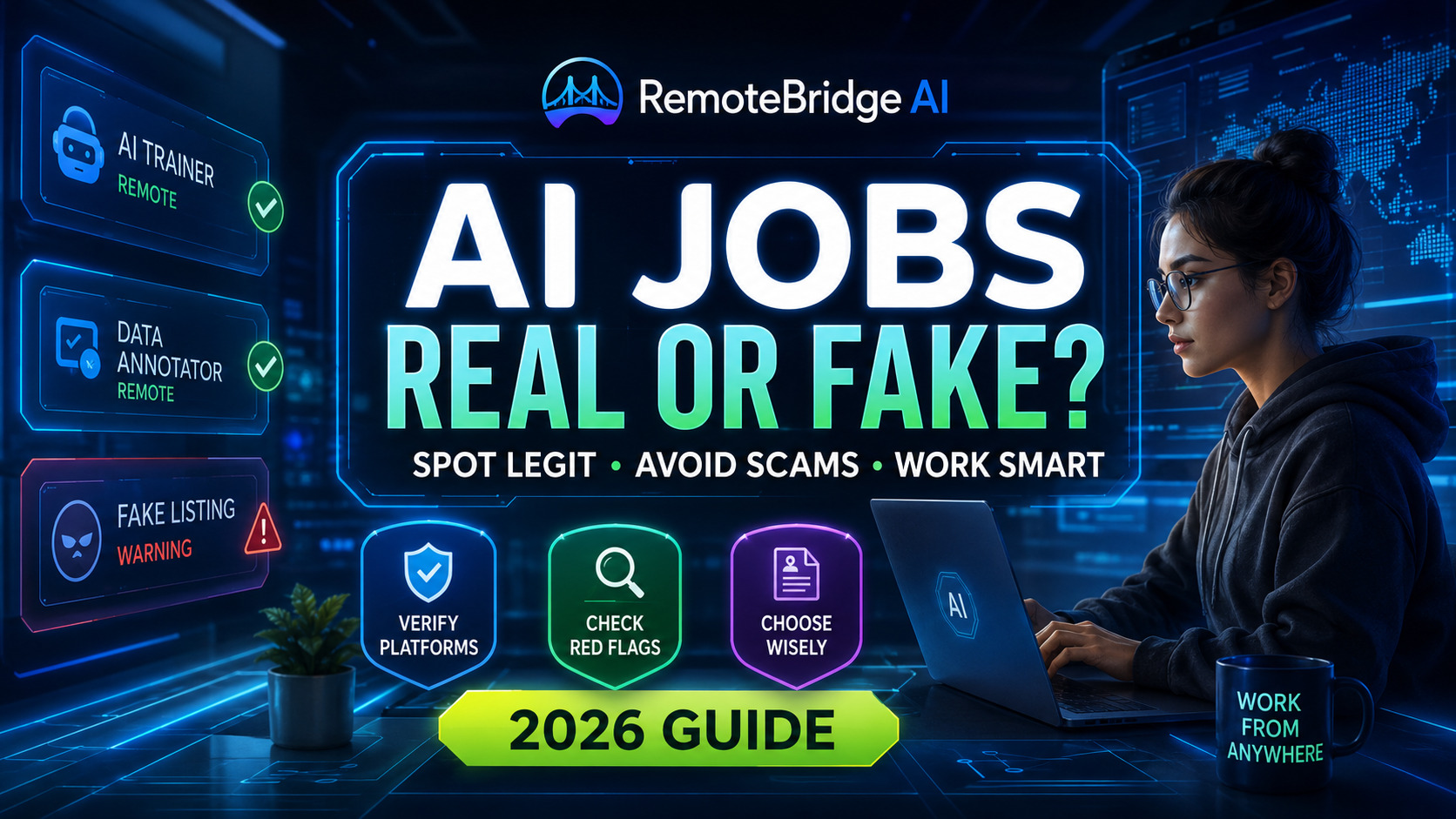 Professional AI remote worker verifying legitimate AI jobs and spotting fake remote work scams in a futuristic digital workspace, 2026 guide.