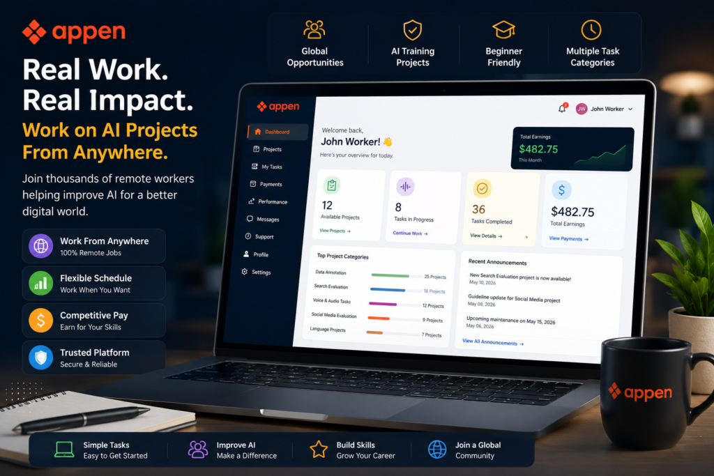 Appen AI dashboard showing remote work projects and online earnings interface