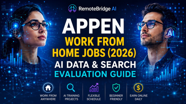 Professional remote workers using AI tools and data evaluation systems for Appen work-from-home jobs and search evaluation projects.