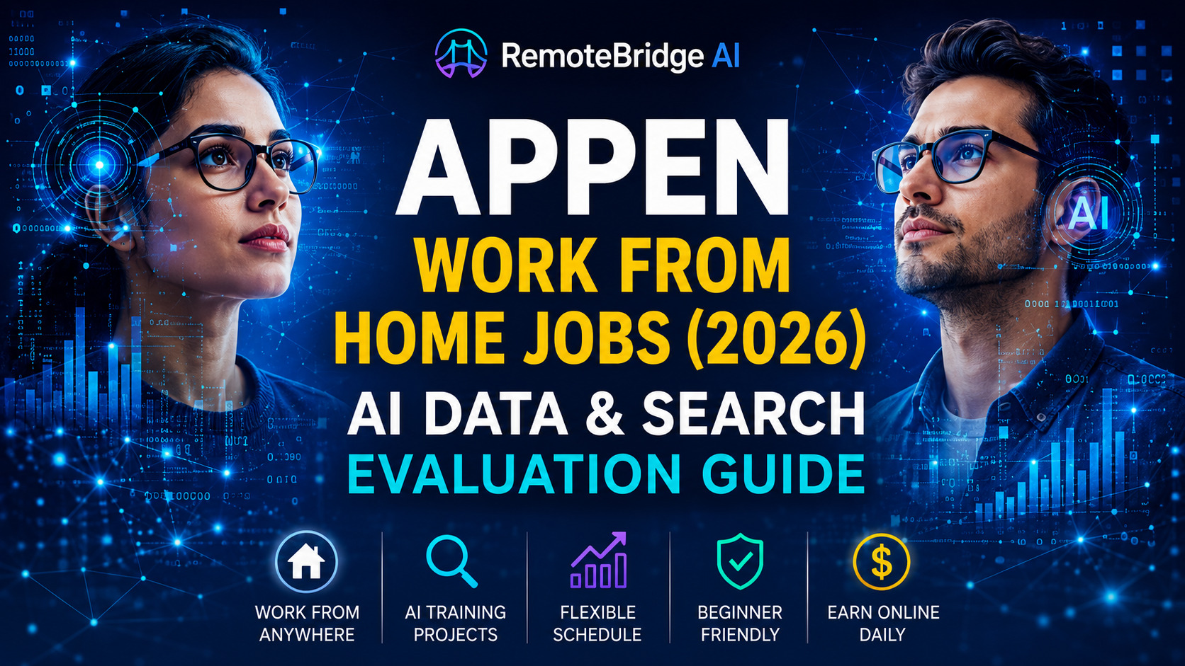 Professional remote workers using AI tools and data evaluation systems for Appen work-from-home jobs and search evaluation projects.