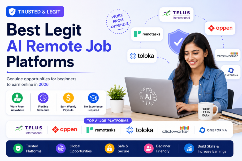 Best legitimate AI remote job platforms in 2026 with professional female remote worker using laptop