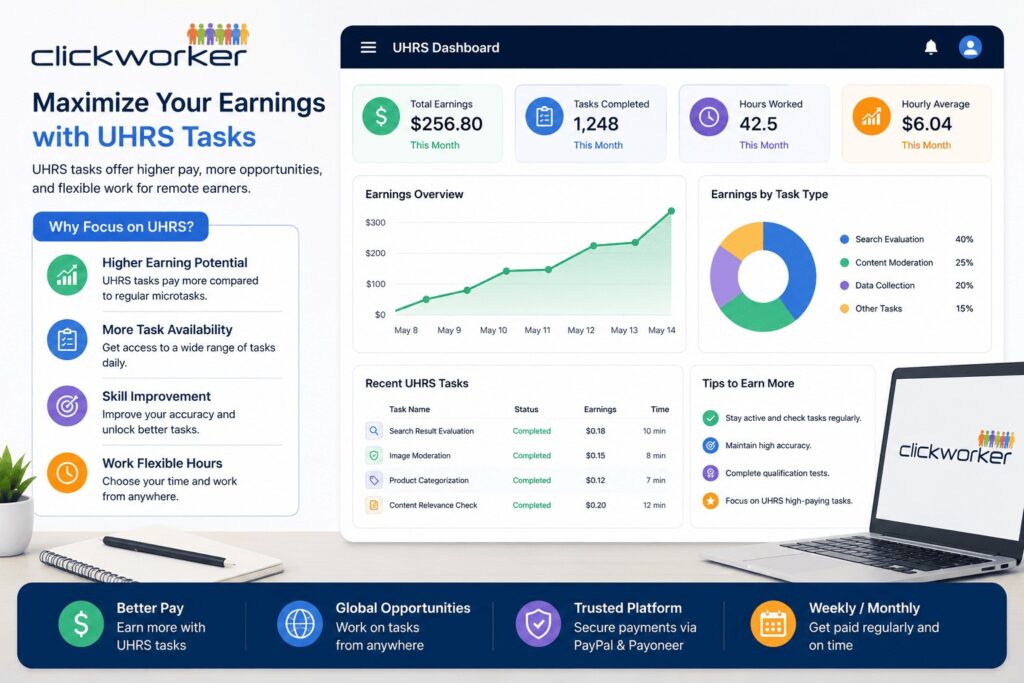 Clickworker UHRS Earnings Dashboard Clickworker UHRS earnings dashboard and remote microtask income illustration
