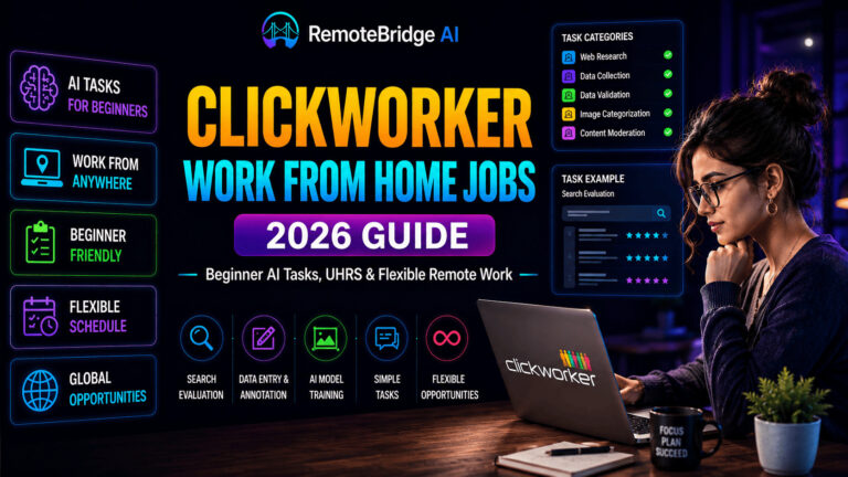 Professional female remote worker using a laptop for Clickworker AI tasks, UHRS work, and flexible work-from-home opportunities in 2026.