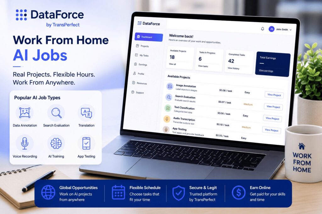 DataForce Work From Home AI Jobs Dashboard 2026 DataForce work from home AI jobs dashboard showing remote data annotation and AI training tasks
