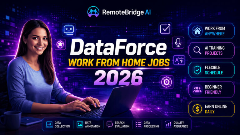Professional remote worker using a laptop with DataForce AI project interfaces, data annotation tools, and work-from-home opportunities.