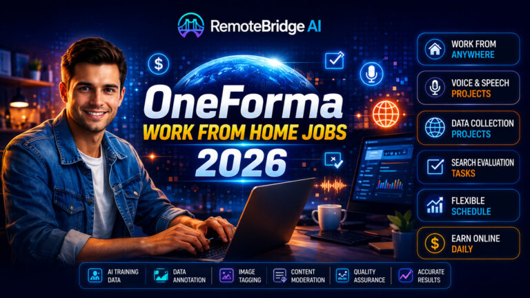 Professional remote worker using a laptop with OneForma AI projects, data collection tasks, and search evaluation opportunities in a modern work-from-home environment.