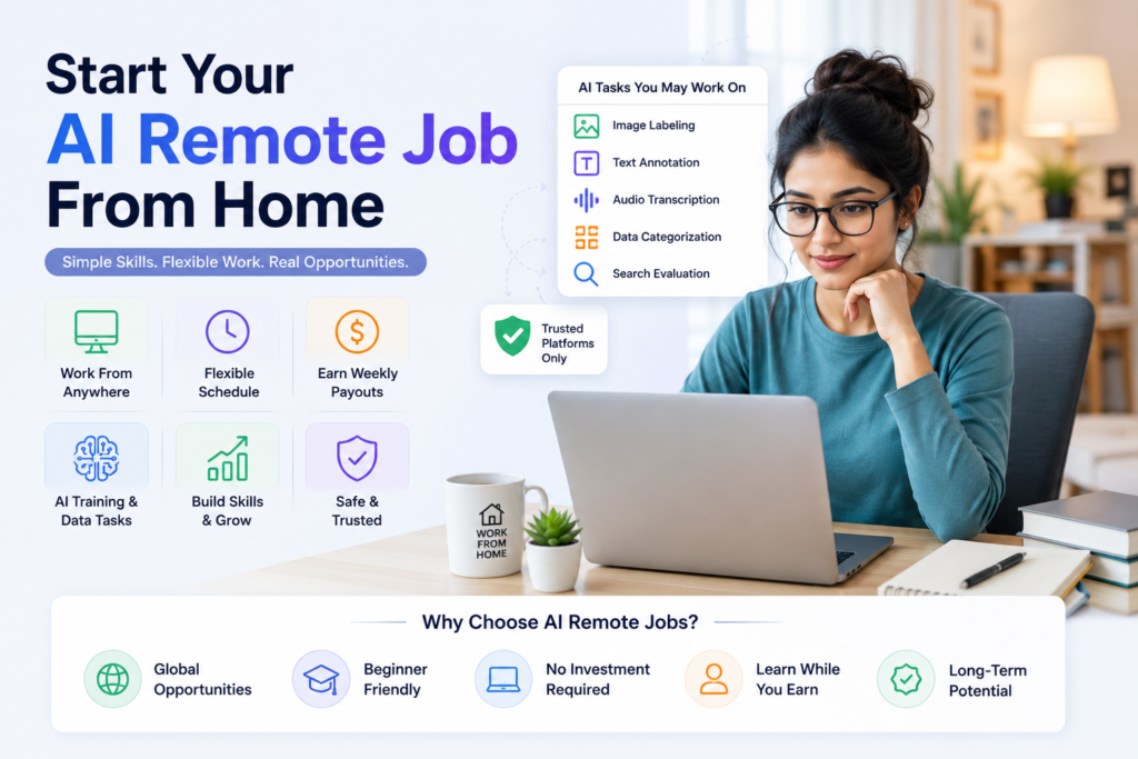 Professional woman working from home on AI remote jobs and data labeling tasks in 2026
