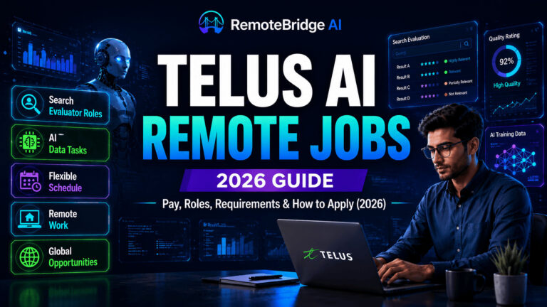 Professional remote worker using a laptop with AI dashboards and TELUS AI remote jobs guide 2026 technology-themed illustration.