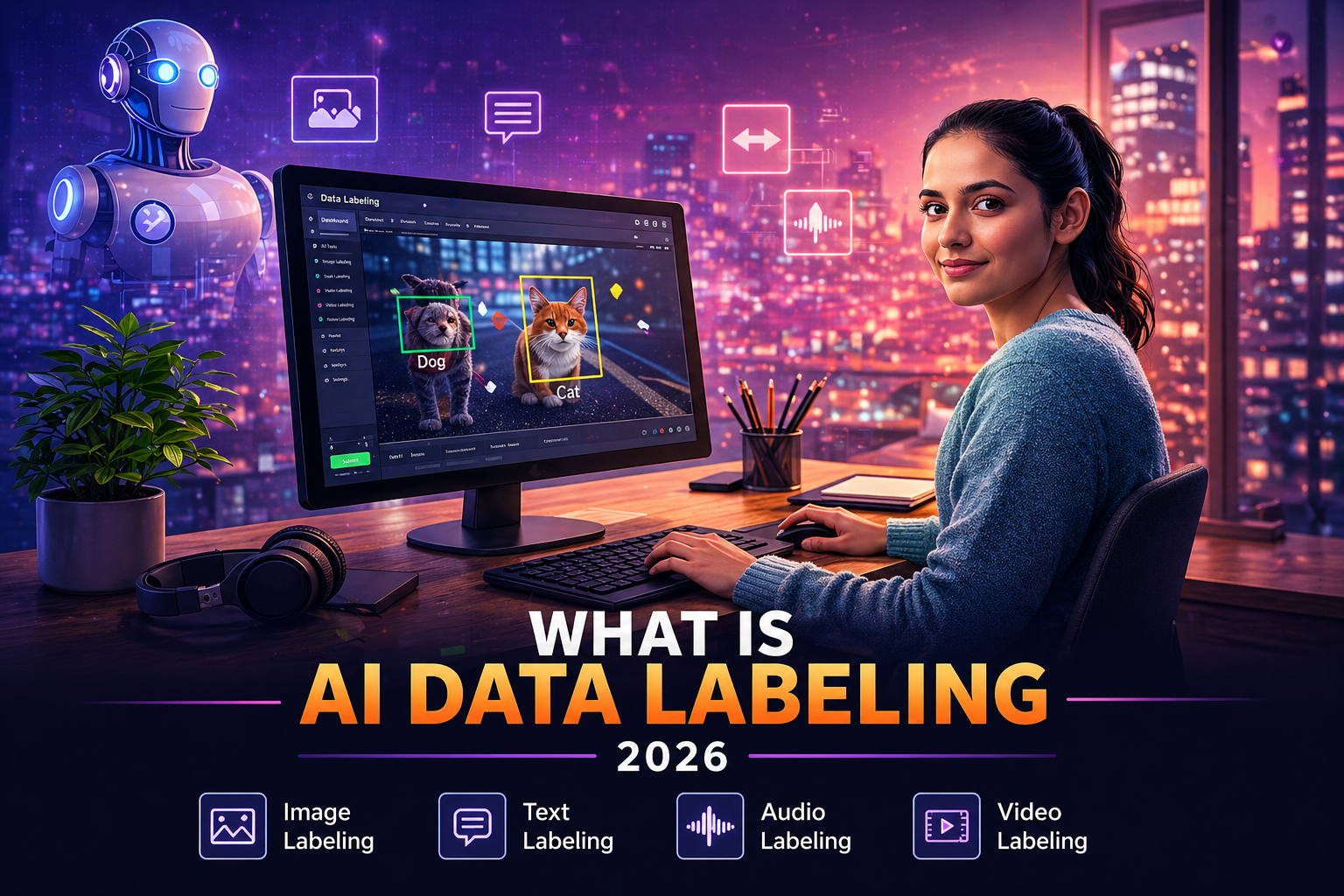 What is AI data labeling example showing image and text annotation tasks on a computer in 2026
