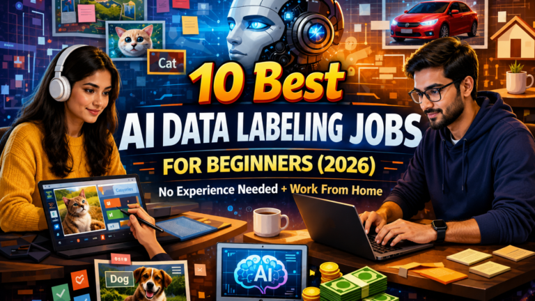 Realistic male and female beginners working on AI data labeling jobs from home in 2026