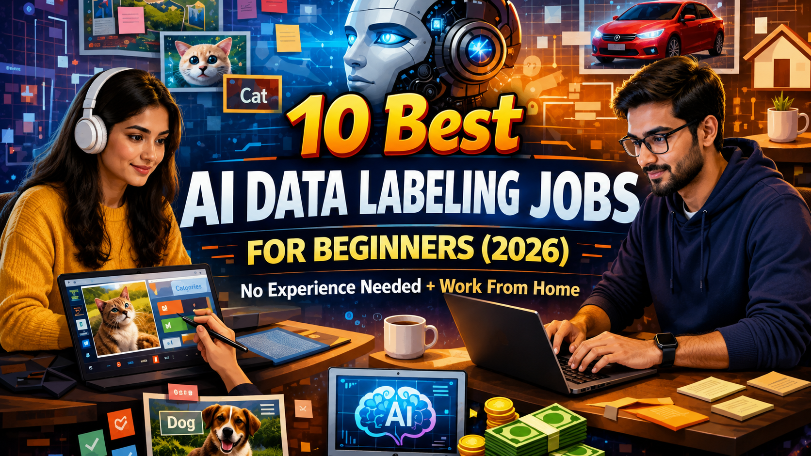 Realistic male and female beginners working on AI data labeling jobs from home in 2026