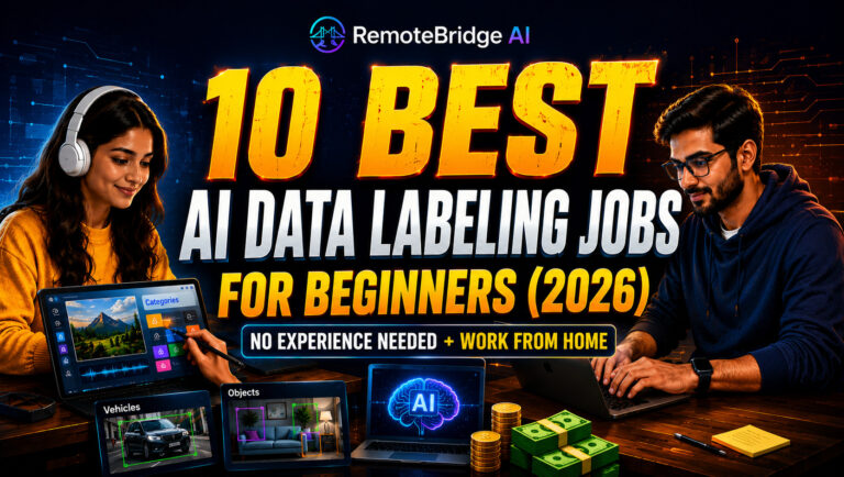 10 best AI data labeling jobs for beginners in 2026 featuring remote AI work opportunities, AI training tasks, image annotation projects, and work-from-home jobs.