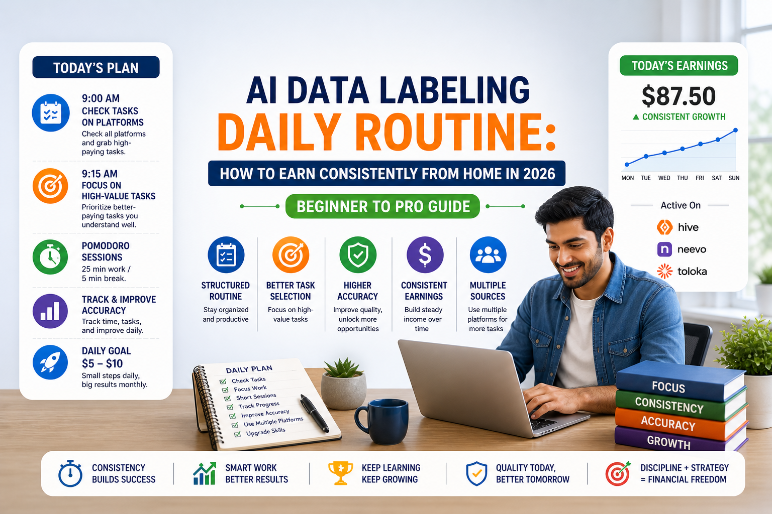 AI data labeling daily routine workflow showing task checking, high value tasks, tracking earnings and consistent productivity system