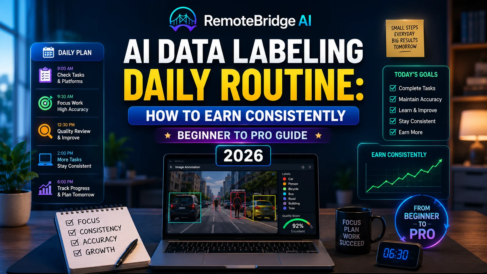 AI data labeling daily routine showing a structured work schedule, productivity checklist, and consistent workflow for beginners to improve accuracy and earn consistently in 2026.
