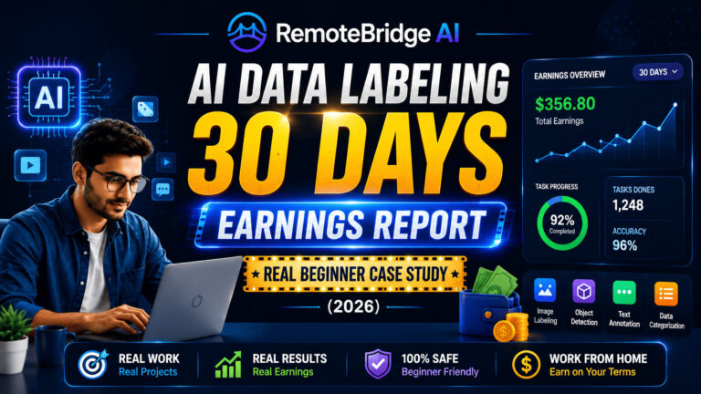 AI data labeling earnings report showing a 30-day beginner case study with earnings dashboard, task progress, and remote AI work insights in 2026.