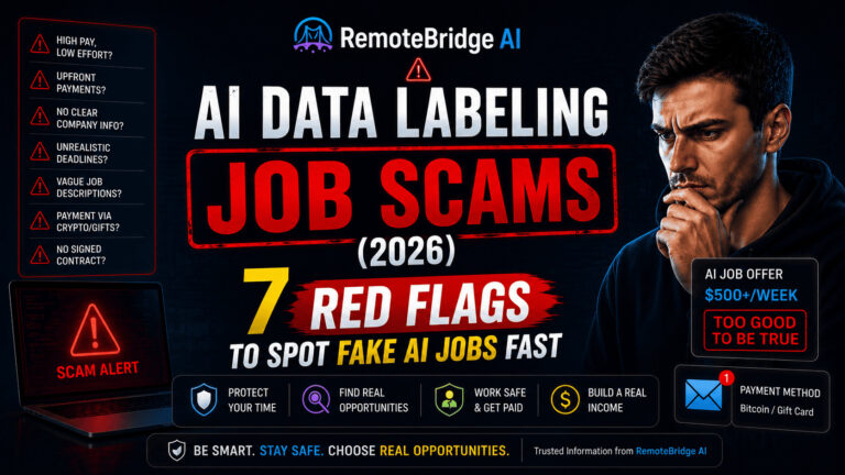 AI data labeling job scams infographic showing 7 red flags to identify fake AI job opportunities in 2026