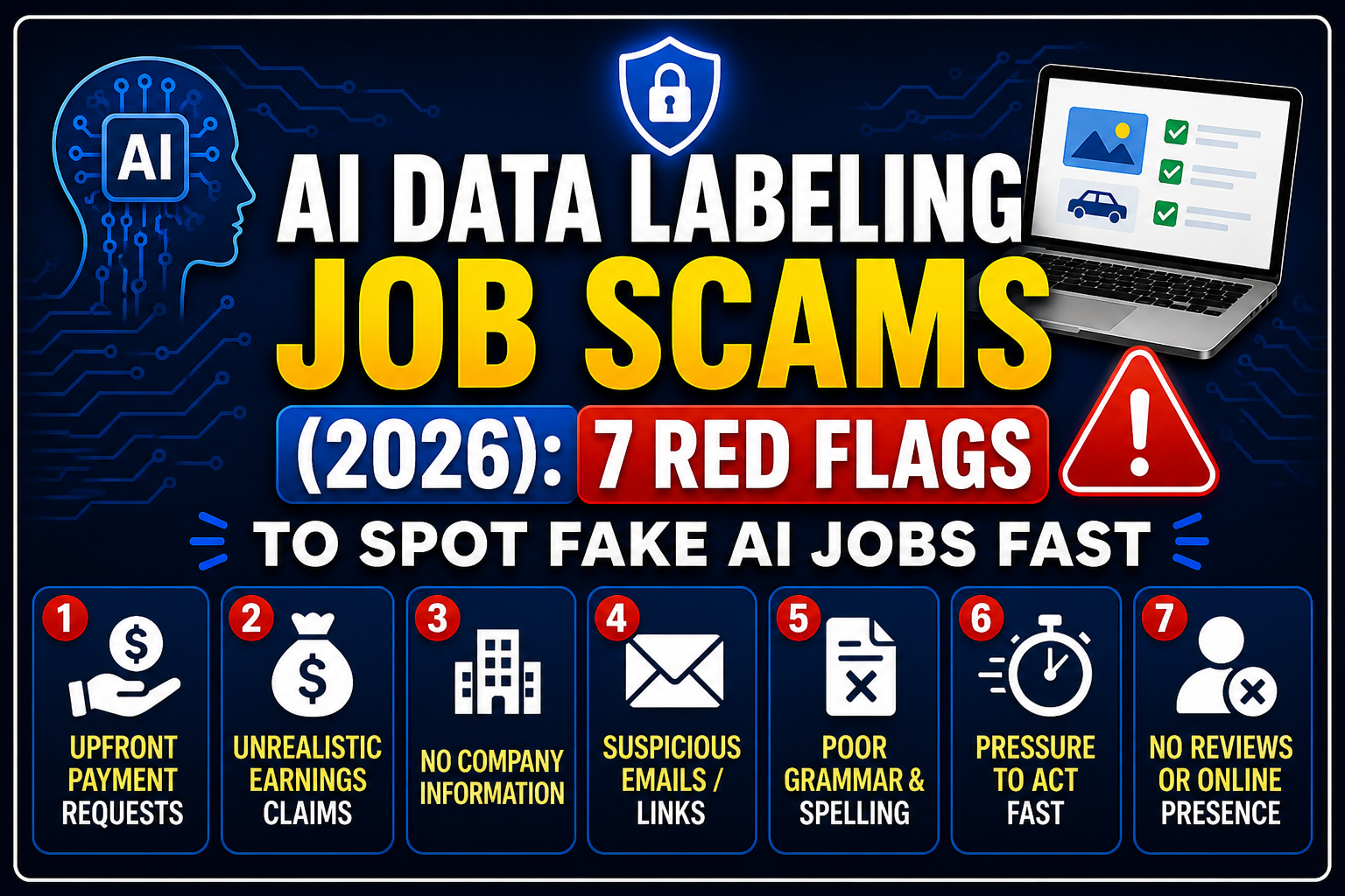 AI data labeling job scams infographic showing 7 red flags to identify fake AI jobs including upfront payment, unrealistic earnings, and no company information