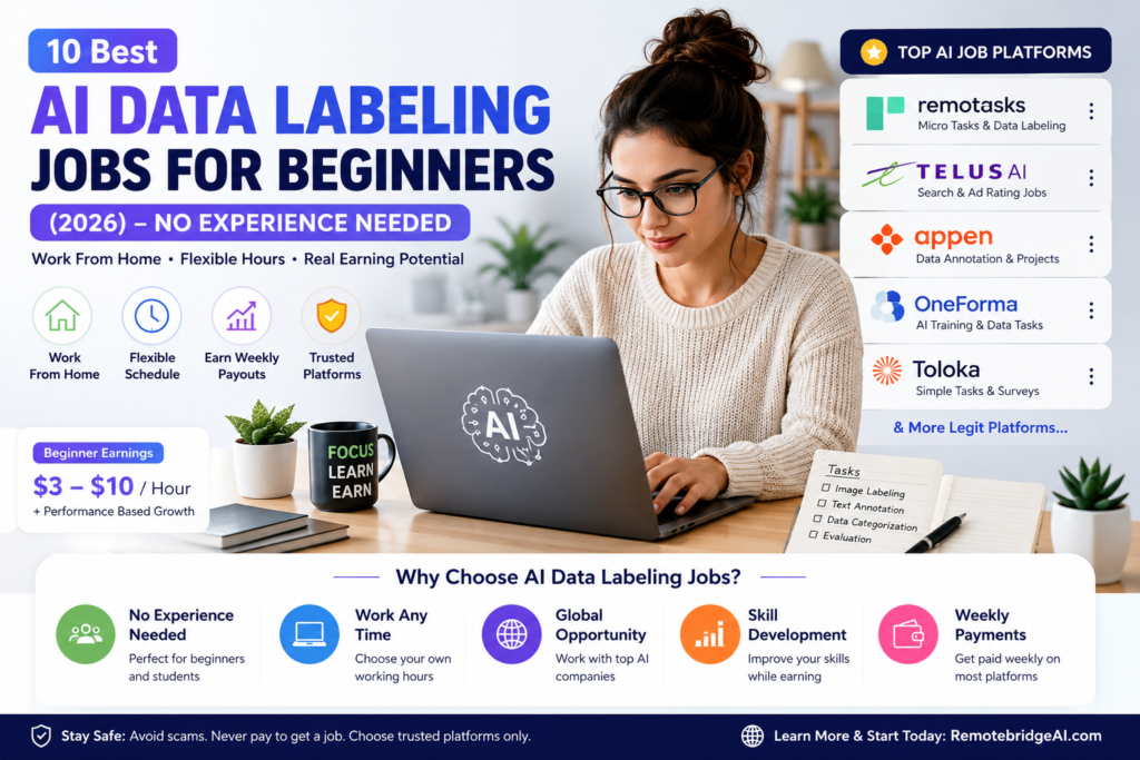 Beginner-friendly AI data labeling jobs in 2026 with realistic female remote worker setup