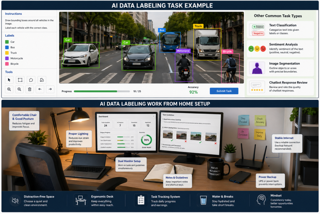 AI Data Labeling Setup and Task Example (Work From Home Guide 2026) AI data labeling task example and work from home setup with dual monitor workspace and annotation interface