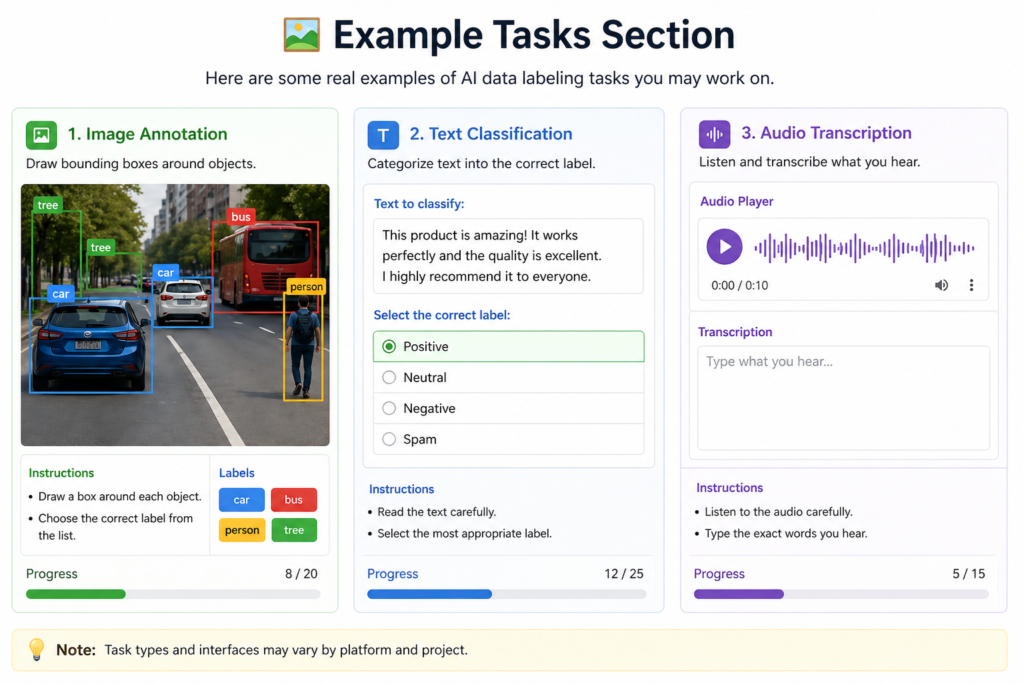 AI data labeling task examples showing image annotation with bounding boxes, text classification interface, and audio transcription workflow