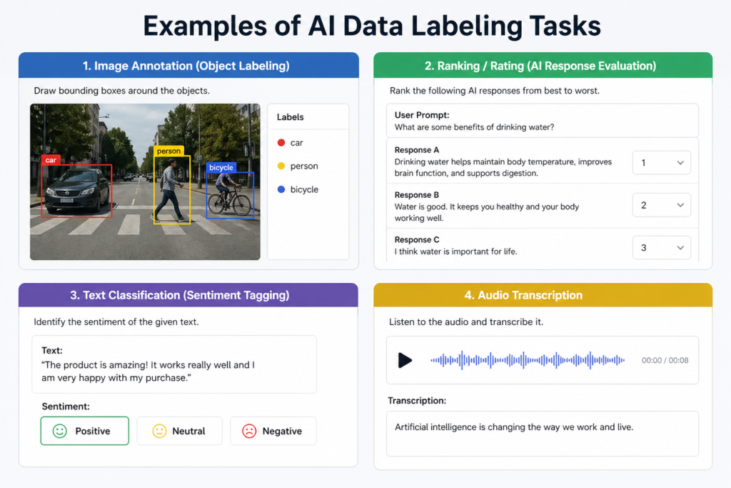 AI data labeling jobs task example showing image annotation, AI response ranking, sentiment tagging, and audio transcription