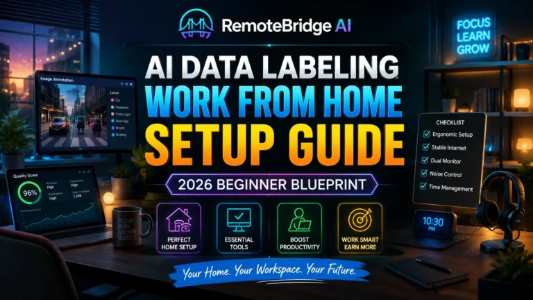 Modern AI data labeling work from home setup with dual monitors, annotation tools, ergonomic workspace, and productivity checklist for beginners in 2026.
