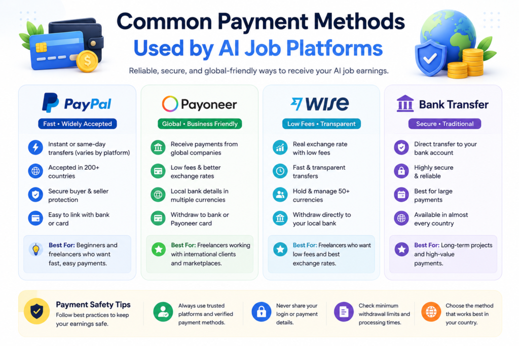 Common Payment Methods Used by AI Job Platforms Popular payment methods used by AI job platforms including PayPal Payoneer Wise and bank transfer