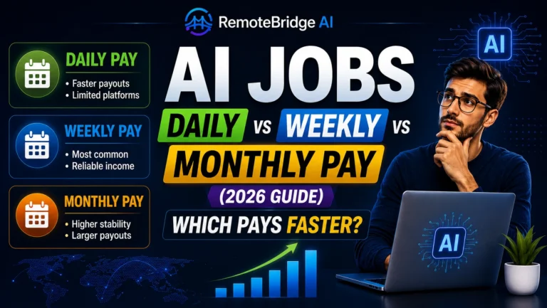 AI jobs daily vs weekly vs monthly pay comparison infographic showing different payout schedules and which payment frequency is fastest in 2026