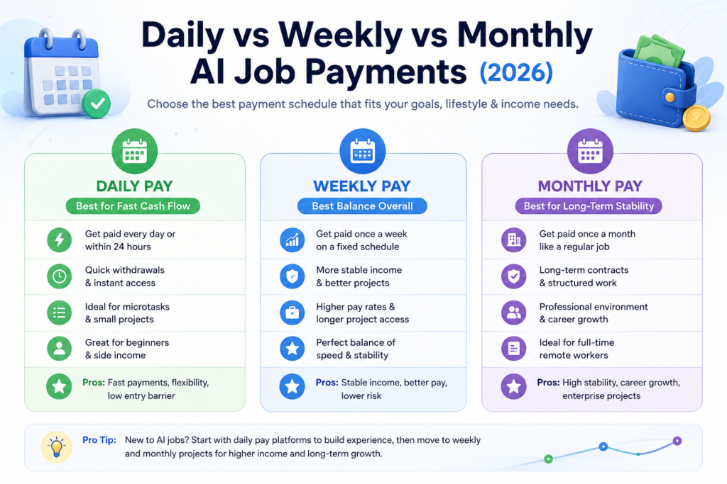 Daily vs Weekly vs Monthly AI Job Payments (2026) Daily vs weekly vs monthly AI job payment comparison infographic for remote AI workers in 2026
