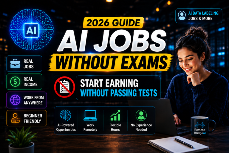 Modern AI jobs without exams 2026 guide feature image showing remote online work opportunities and AI data labeling jobs for beginners