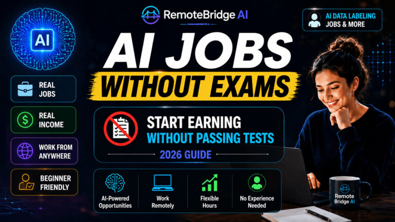AI jobs without exams infographic showing beginner-friendly remote AI work opportunities in 2026 without qualification tests