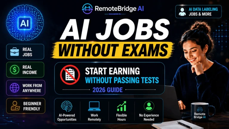 AI jobs without exams infographic showing beginner-friendly remote AI work opportunities in 2026