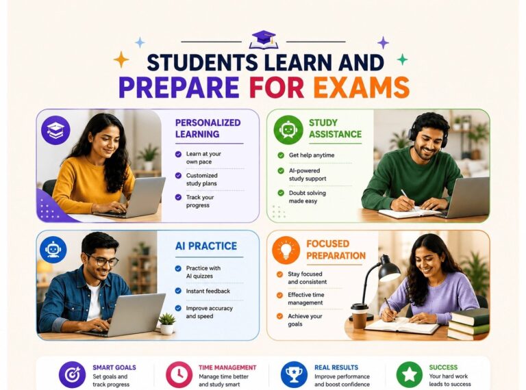 Colorful TELUS AI exam preparation infographic showing students studying online with AI-powered learning, study assistance, practice tests, and focused exam preparation tips.