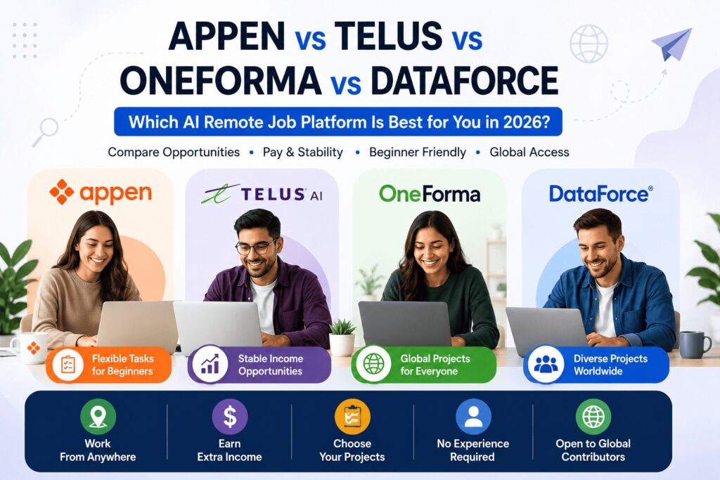 Appen vs TELUS AI vs OneForma vs DataForce comparison for AI remote jobs in 2026