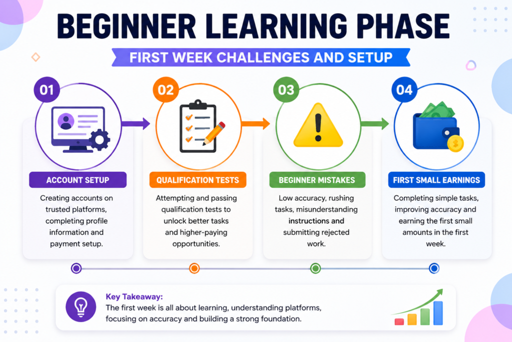 Beginner Learning Phase in AI Data Labeling Infographic showing beginner AI data labeling learning phase including account setup, qualification tests, common mistakes, and first earnings
