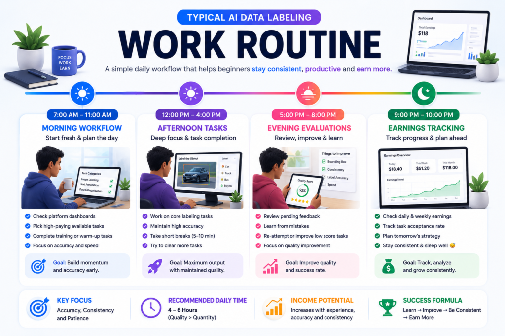 Typical AI Data Labeling Daily Workflow Infographic showing a typical AI data labeling daily workflow including morning tasks, afternoon labeling work, evening evaluations, and earnings tracking