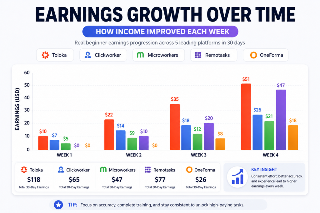 AI Data Labeling Earnings Growth Over Time Bar chart infographic showing weekly AI data labeling earnings growth across Toloka, Clickworker, Microworkers, Remotasks, and OneForma over 30 days