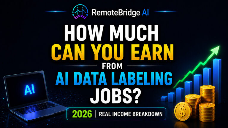 AI data labeling jobs income breakdown for 2026 showing earning potential, growth chart, AI laptop, and digital annotation task categories.