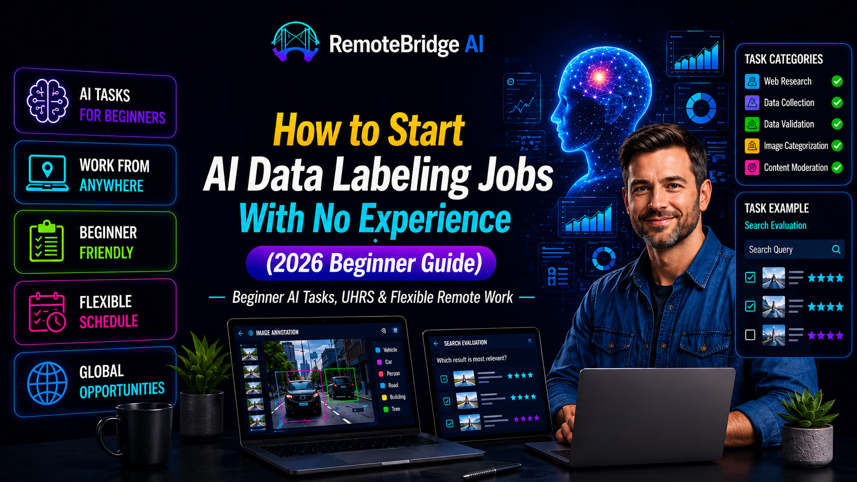How to Start AI Data Labeling Jobs With No Experience (2026 Beginner Guide) featuring AI tasks, search evaluation work, and beginner-friendly remote opportunities.