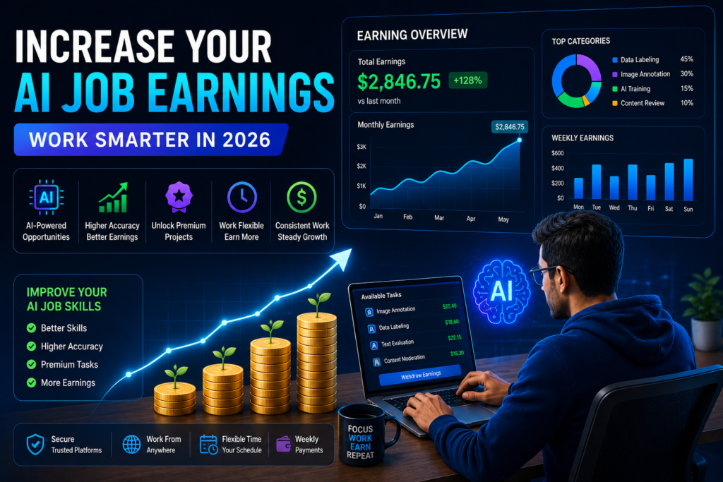 AI job earnings growth dashboard showing beginner remote workers increasing income through AI data labeling and online microtasks in 2026