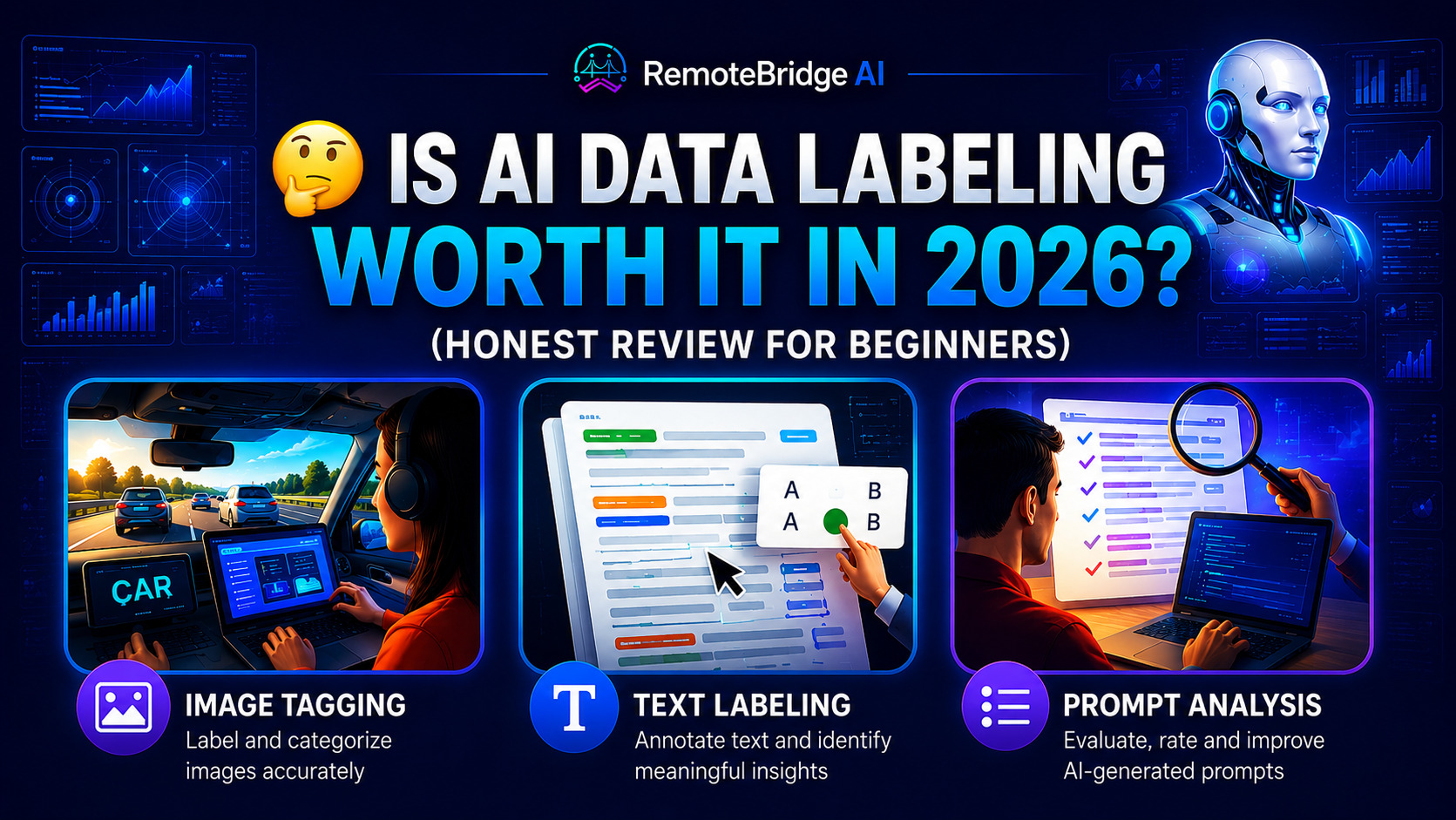 RemoteBridge AI infographic exploring whether AI data labeling is worth it in 2026, featuring image tagging, text labeling, prompt analysis, and beginner opportunities.