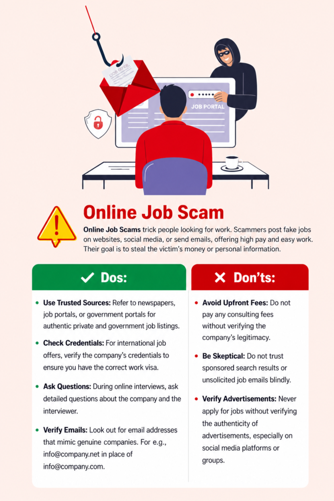 Online Job Scam Warning β AI Data Labeling Scam Dos and Donβts Guide Online job scam infographic showing AI data labeling job scam warning with dos and don'ts checklist, fake job email trap, and scammer targeting remote workers