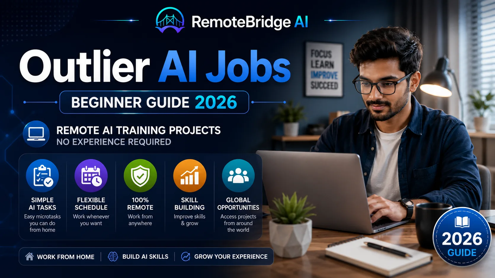 Outlier AI Jobs feature image showing a realistic remote worker with glasses using a laptop in a modern home office, highlighting AI training projects and a beginner guide for 2026.