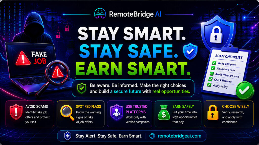 RemoteBridge AI infographic showing AI job safety tips, scam warning signs, trusted platforms, and secure earning practices in 2026