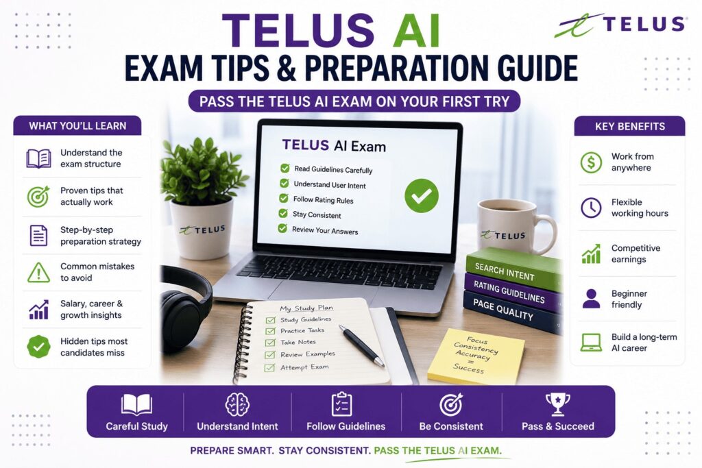 TELUS AI exam tips and preparation guide infographic showing study strategy, exam checklist, search intent, page quality, and beginner remote AI job preparation tips