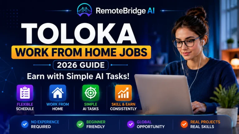 Professional Toloka work from home jobs feature image showing a realistic remote worker with glasses using a laptop for AI data labeling and microtasks in 2026.
