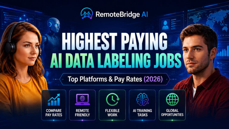 Highest paying AI data labeling jobs in 2026 showing top platforms, pay rates, remote work opportunities, AI training tasks, and global job options.