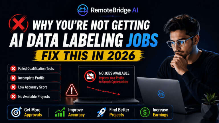 Professional AI data labeling jobs guide showing common reasons workers fail to get approved for AI annotation and data labeling projects in 2026.