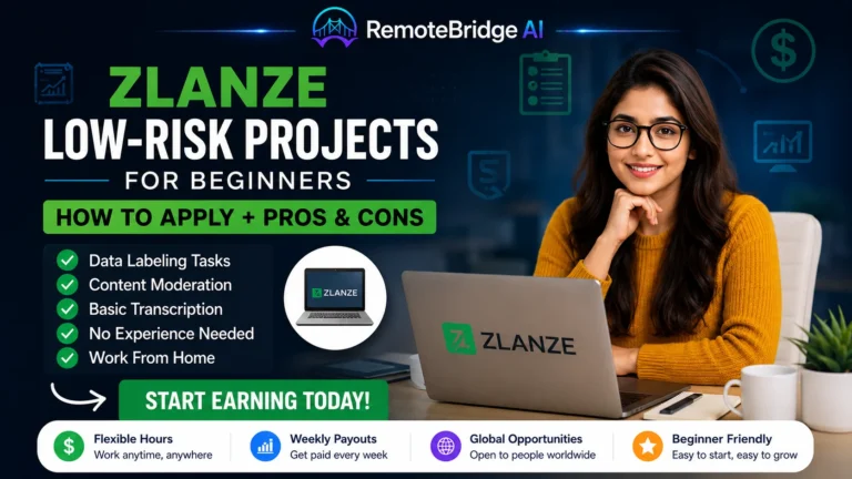 ZLANZE low-risk projects for beginners showing AI data labeling, content moderation, and transcription work-from-home opportunities in 2026.