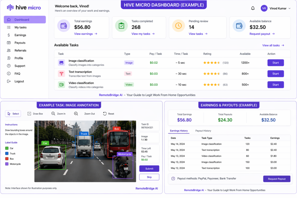 Hive Micro dashboard showing tasks, earnings, and payout example